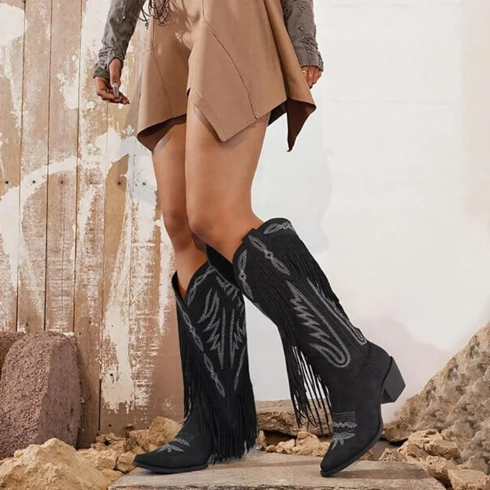 Women Fringe Knee High Cowgirl Western Boots with Classic Embroidery Pointed Toe - Picture 2 of 5